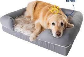 gray orthopedic bed with dog 